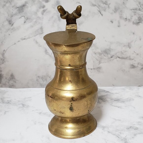 Vintage Brass Cream Pitcher Acorn Flip Lid Boho Home Decor Witchy Whimsigoth - Picture 9 of 12